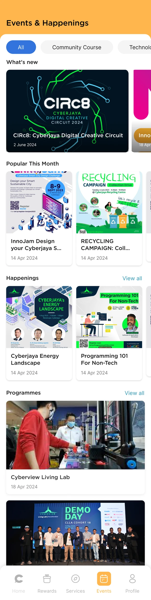 Events & Happenings screen
